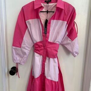 Milly Colorblock Long Sleeve Dress in Pink and White